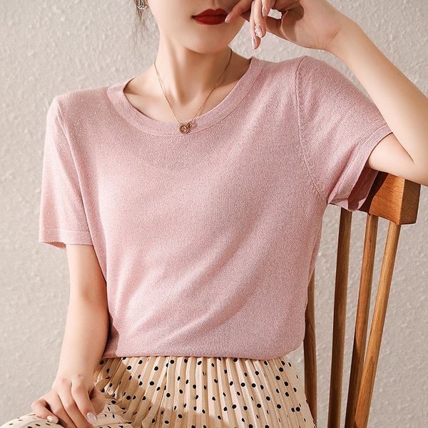 

лед шелк изогнутый бисер короткий рукав круглый воротник свободно t- сплошной цвет женской трикотажной половина рукав база пуловеры футболки, White