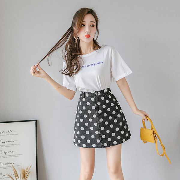 

women skirts 2020 summer high waist jeans skirt ladies wave point a-line skirt plus women casual elegant mini denim, Black