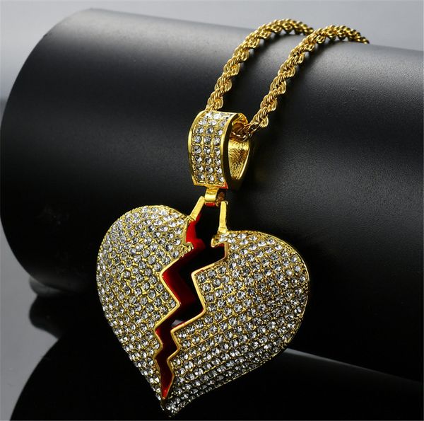 

personalized fashion broken heart pendant necklaces women men hip hop jewelry bling rhinestone gold silver long chain necklace