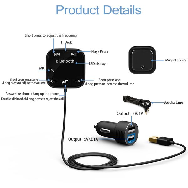 

a2dp magnetic car kit wireless bluetooth fm transmitter mp3 player 3.5mm audio aux tf card slots with dual usb