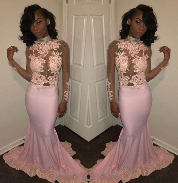 

african pink mermaid prom dresses high neck sheer long sleeves beads appliqued lace evening dresses 2020 black girl prom party gowns hy198