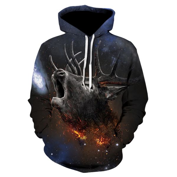

fire deer printed 3d hoodies animal men women sweatshirts funny cool men hoodie fashion pullover casual tracksuits brand coat, Black
