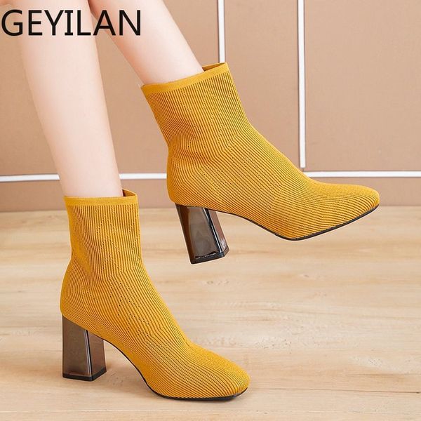 

2019 new spring and autumn square head boots high-heeled knit socks boots thick with thin elastic net red booties, Black