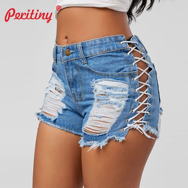 

peritiny denim shorts women 2020 summer high waist black blue ripped short jeans side bandage ants femme lace up shorts, White;black