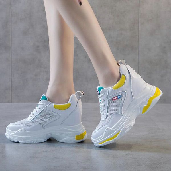 

female chaussure femme 8 cm heels sneakers woman platform shoes hidden heel height increasing mesh casual wedges shoes a11-35, Black