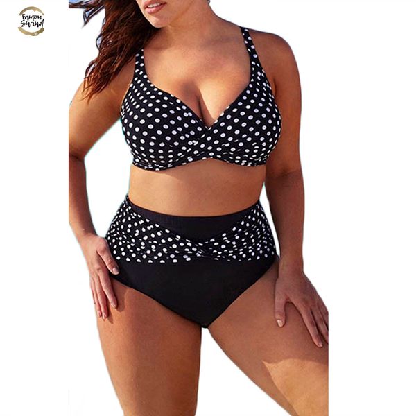 

plus size xl-5xl women bikini set dot push up swimwear swimsuit high waist vintage beachwear patchwork biquinis summer, White;black
