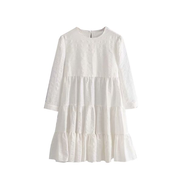 

2020 women casual pleated mini dresses spring o neck elegant white dress three quarter sleeve solid loose dress vestidos, Black;gray