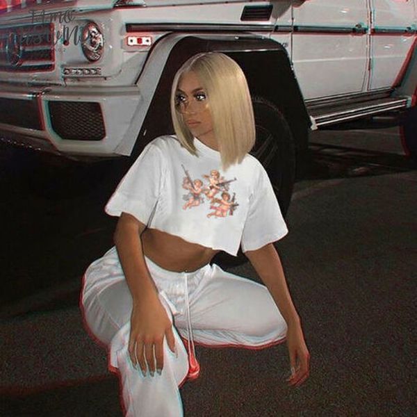 

angel print women short sleeve casual loose t shirt woman crop tee short 2020 summer tshirt streetwear feminina print camiseta, White