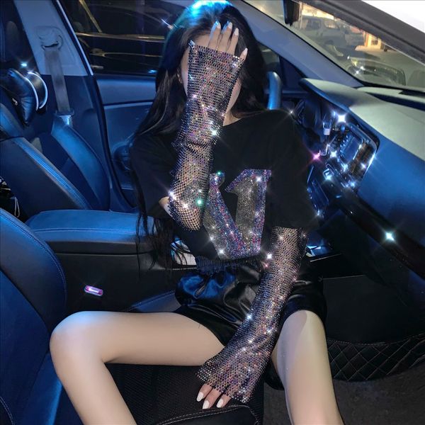 

feather punk heavy industry sleeve fake two-piece sleeve t-shirt female nightclub 2020 rhinestone rhinestone goddess black, White