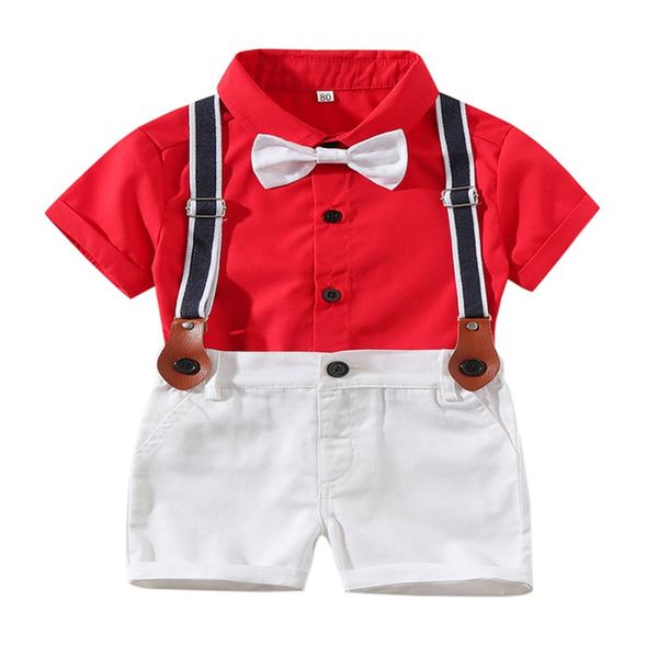 

summer children baby boys sets short sleeve bow tie solid t-shirt blouse overall shorts casual outfits toddler boy shorts sets d, White