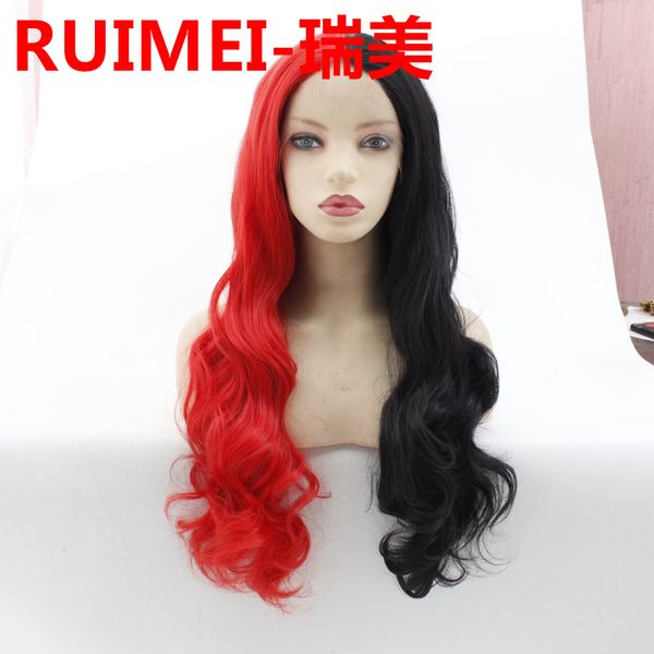 

mhazel red mixed blackpart long wavy synthetic front lace wig heat resistant fiber 26in 150%density, Black