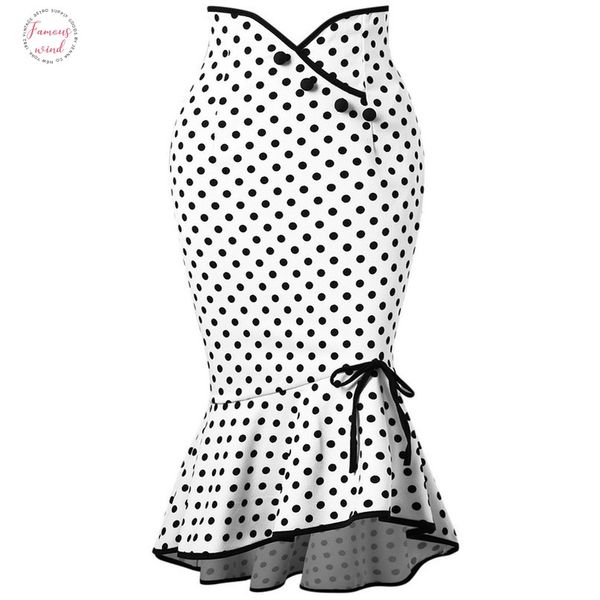 

polka dot with buttons fishtail skirt and sweet knee length slim 2020 autumn arrival m  black white bow ruffles