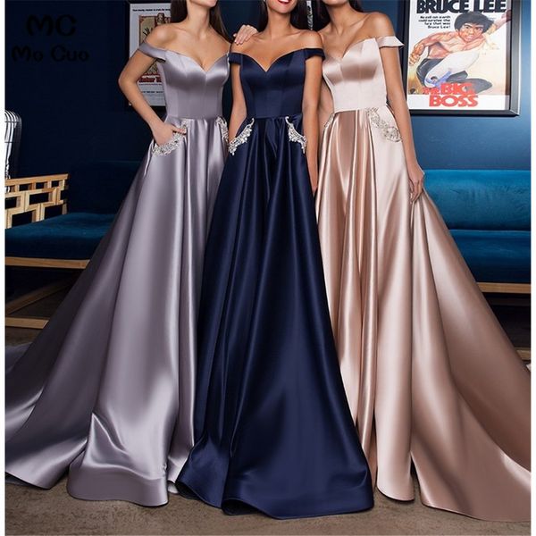 

off shoulder evening dresses long with pockets crystals beaded prom gown long vestidos de fiesta satin women evening dress, White;black
