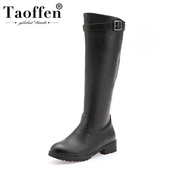 

taoffen size 33-50 women knee high boots office work winter buckle motorcycle boots casual warm outdoor simple shoes woman, Black