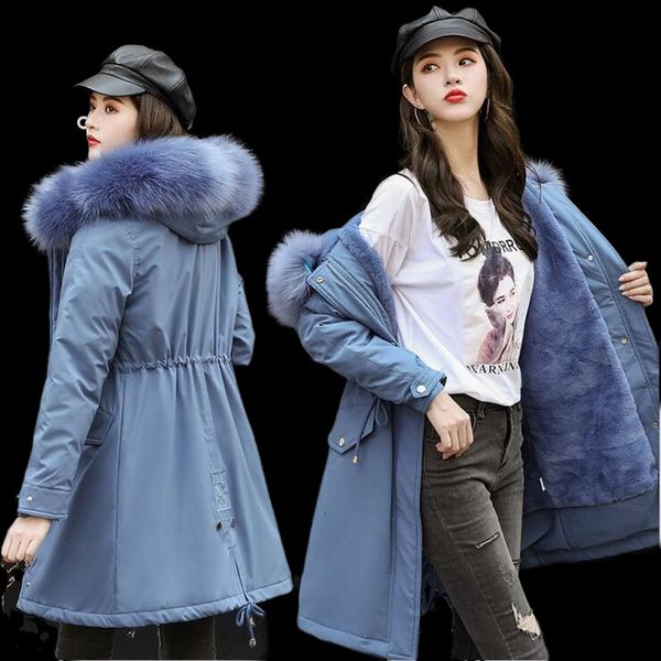 

women's down & parkas women winter jacket fur lining thicken ladies long coat womens jackets loose over knee plus velvet padded, Black