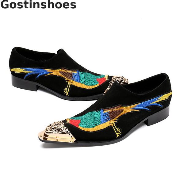 

men loafers fashion black cow suede bird embroidered men leather shoes casual leather shoes metal capped toe slip-on man