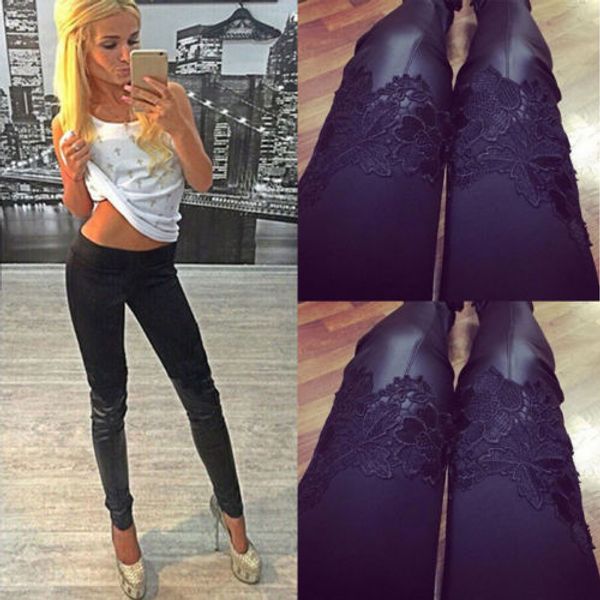 

women casual skinny lace patchwork leggings stretchy pants high waist pencil leggings, Black;white