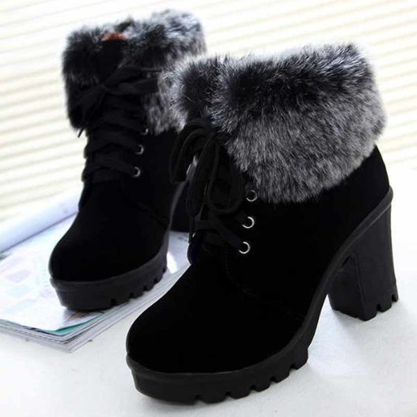 

women snow boots warm plush high heels shoes women winter ankle boots 2019 fashion lace-up shoes, Black