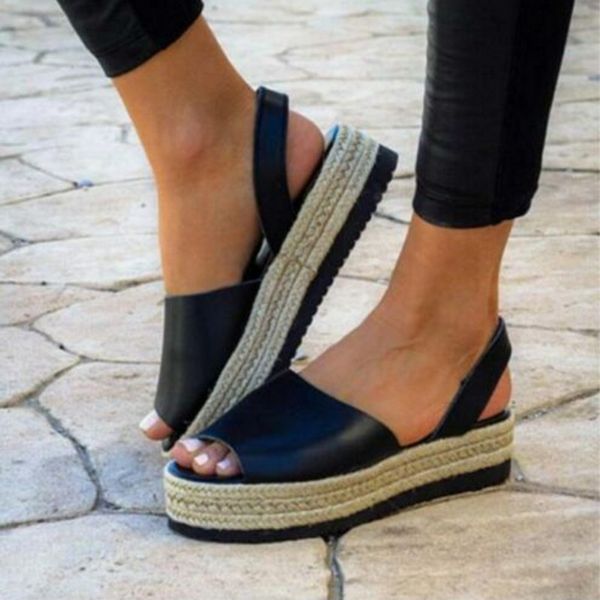 

adisputent 2019 ladies women's platform sandals peep toe woven zipper flat thick-bottom sandals roman shoes sandalias mujer, Black