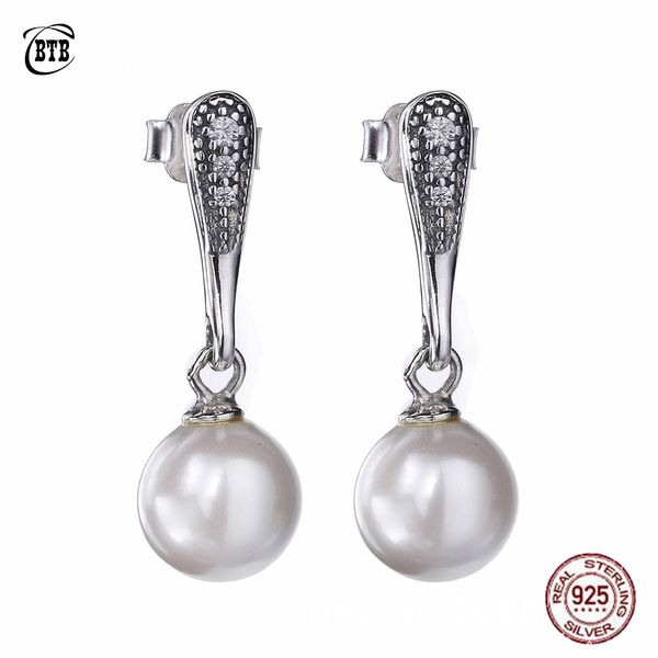 

100% real 925 sterling silver pearl drop earrings for women shiny zircon earrings fashion jewelry wedding gift