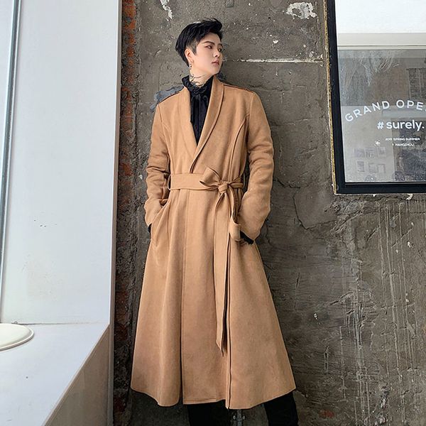 

men vintage long suede windbreaker coat streetwear hip hop punk loose casual belt trench male women fashion overcoat jacket, Tan;black