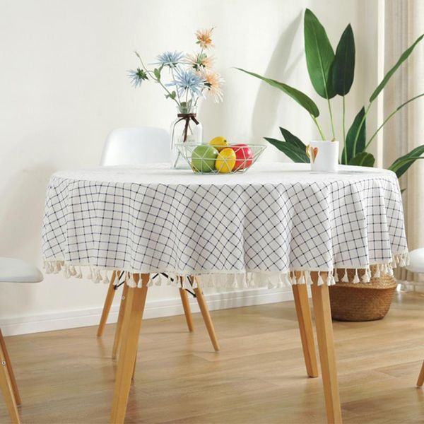 

l home decoration oilproof white grid washable restaurant dining room soft with tassel round tablecloth wedding dustproof