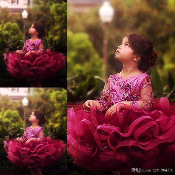 Voll geschichteten Tutu Pageant Kleid für Mädchen Jewel Neck Pailletten Applique schöne Kinder formelle Kleidung 2020 Blumenmädchen Kleid mit langen Ärmeln ausgestattet