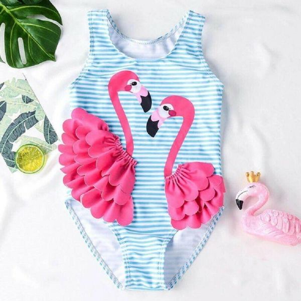 

1-4 years kid baby girls swimsuits flamingo striped swimwear for girls summer one piece swimsuit girls beach bathing suit, White