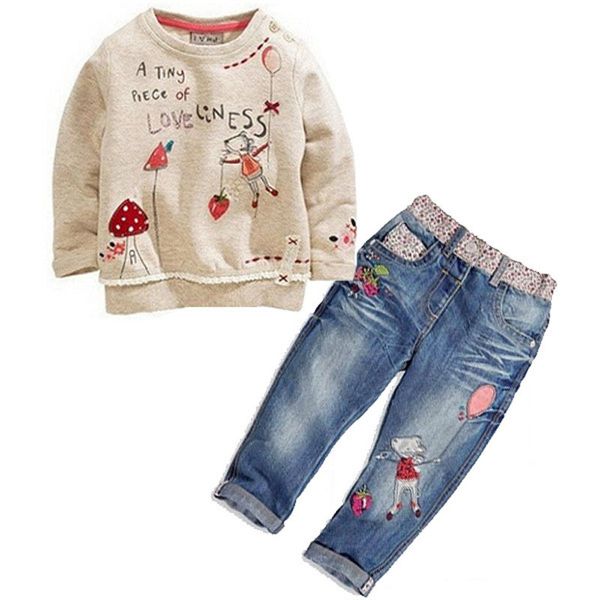 

зима 2pcs дети малышей дети девочки одежда смазливая мультфильм цветок печати свитер + джинсы костюм техники одежда набор t200526, White
