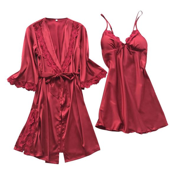 

solid woman cloak set sleepwear lingerie lace temptation belt underwear nightdress home clothes pijama mujer 40mr7, Black;red