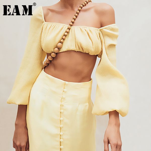 

eam] 2019 new spring summer slash neck long lantern sleeve yellow loose temperament shirt women blouse fashion tide ju252, White
