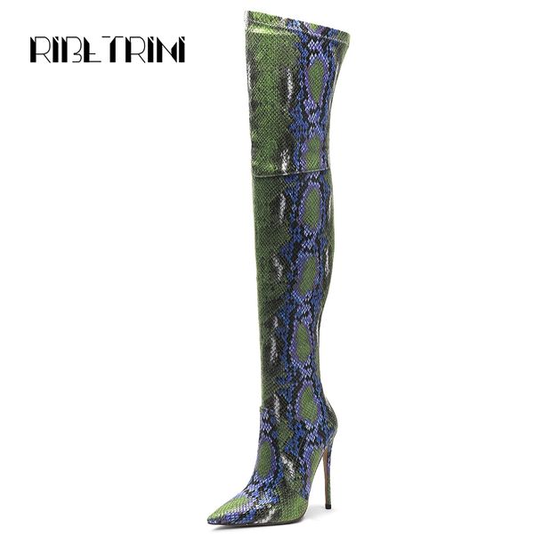 

ribetrini snakeskin women slim over knee high boots pointed toe thin high heel shoes woman party wedding boots, Black