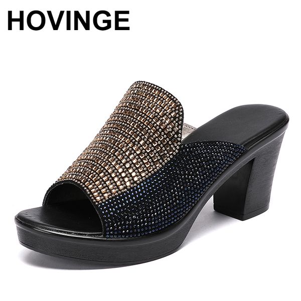 

hovinge 2020 summer women slippers ladies slippers shoes women heels comfort non-slip fashion rhinestones summer genuine leather, Black