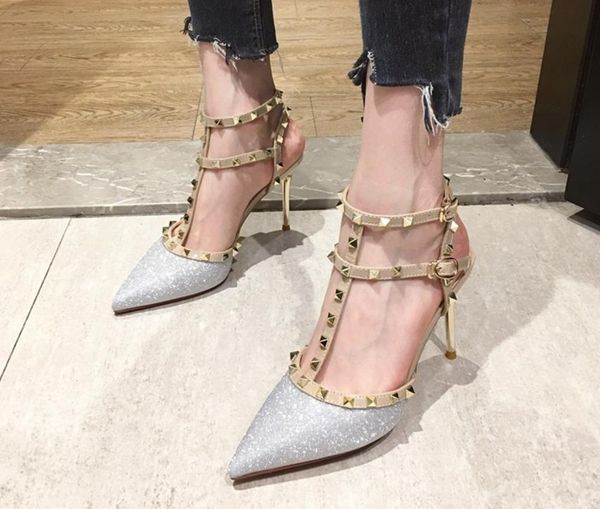 

new sequins pumps women fashion t-strap rivets high-heeled lady party dress shoes silver pink size 35-39, Black