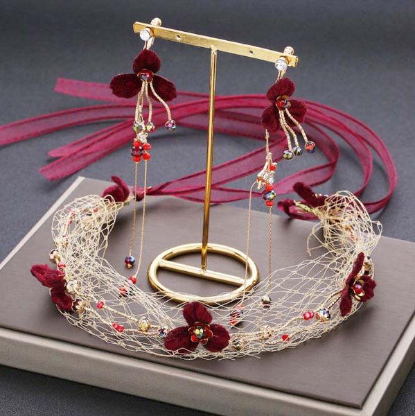 

girls korean burgundy wine red lace ribbon flower mesh headband women head bands headpiece wedding hair accessories + earrings, Golden;white