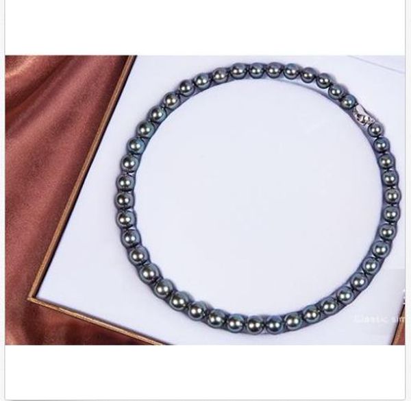 

vvvvv stunning 10-11mm tahitian round black green pearl necklace 18inch 925s, Silver