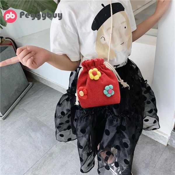 

women linen bucket bags fashion small flower decor shoulder messenger handbags kids children girls casual mini crossbody bag
