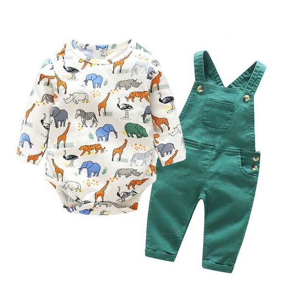 

boy baby childrens suit green bib cartoon animal printed cotton romper romper cross-border hair, Blue