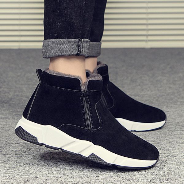 

boots for men winter sneakers fur plush suede snow boots fashion zip men ankle casual shoes chaussure homme footwear, Black