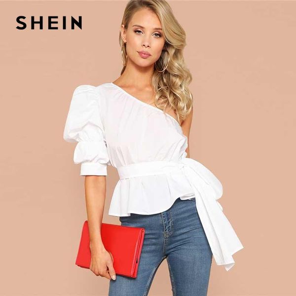 

shein white one shoulder puff sleeve peplum knot belted blouse women summer 2019 solid ruffle elegant party blouses
