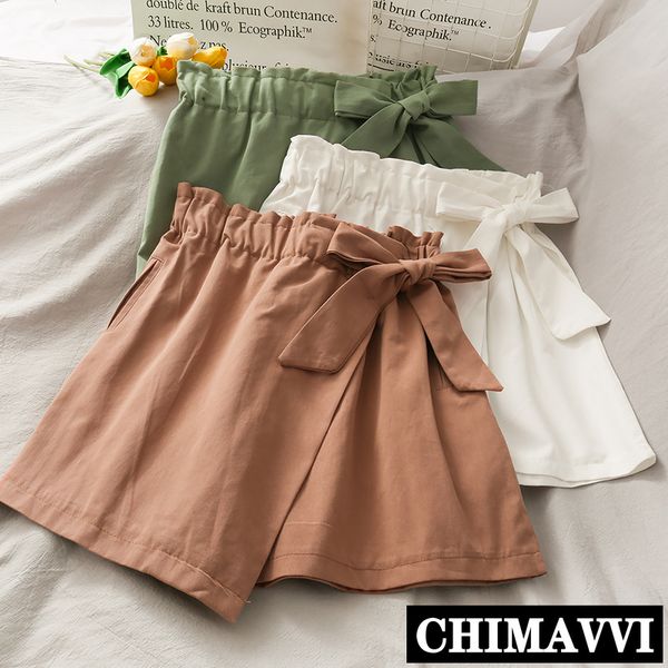 

irregular bow strap shorts skirts solid color female summer 2020 new elastic waist slimming casual shorts students, White;black