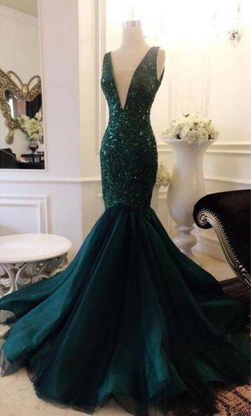 Faísca verde escuro lantejoulas rendas sereia vestidos de baile 2018 decote em v profundo sem encosto sexy longo vestidos de baile vestido de festa robe de soirée