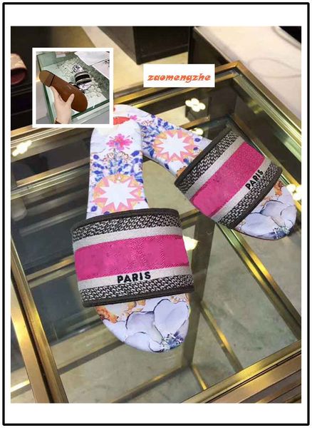 

original box new dazzle flowers women sandals designer slippers flip flops striped beach causal shoes embroidery sandal, Black