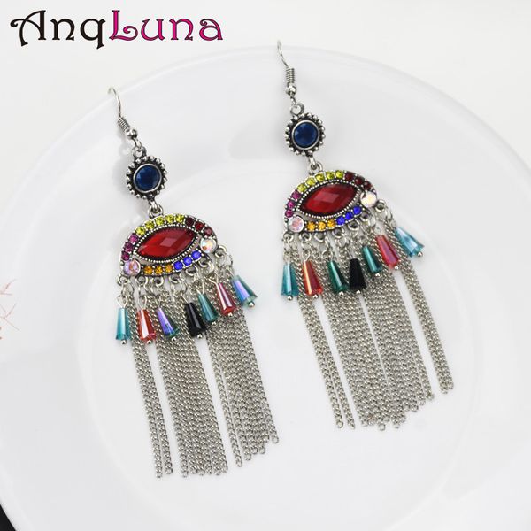 

bohemian crystal rhinestone evil eye earrings for women vintage long alloy chain tassel earrings boho wedding fashion jewelry, Silver