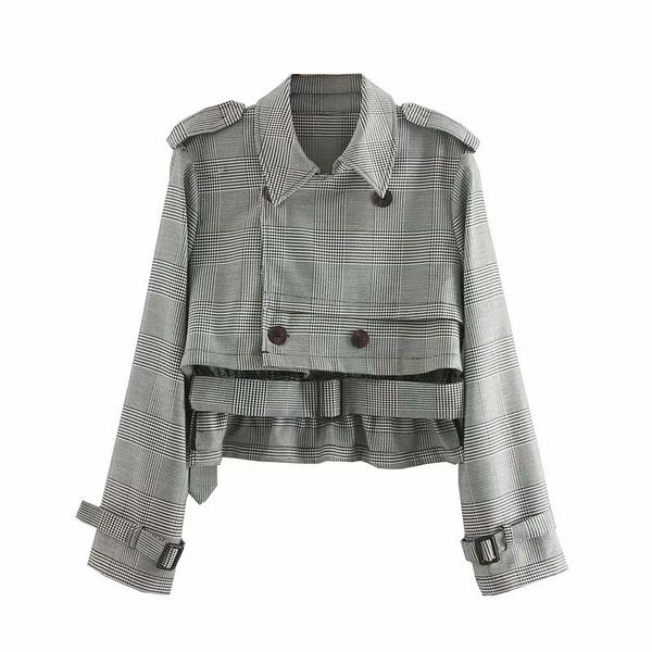 

women basic jacket double-breasted turn down collar coat long sleeve plaid sashes waist vintage outerwear casual coat ffzwt30, Black;brown