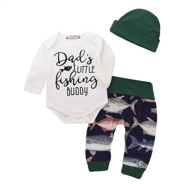 

pudcoco us stock 3pcs newborn baby boy sprint autumn clothes set print letter dady fish pants leggings hat outfits clothes, White
