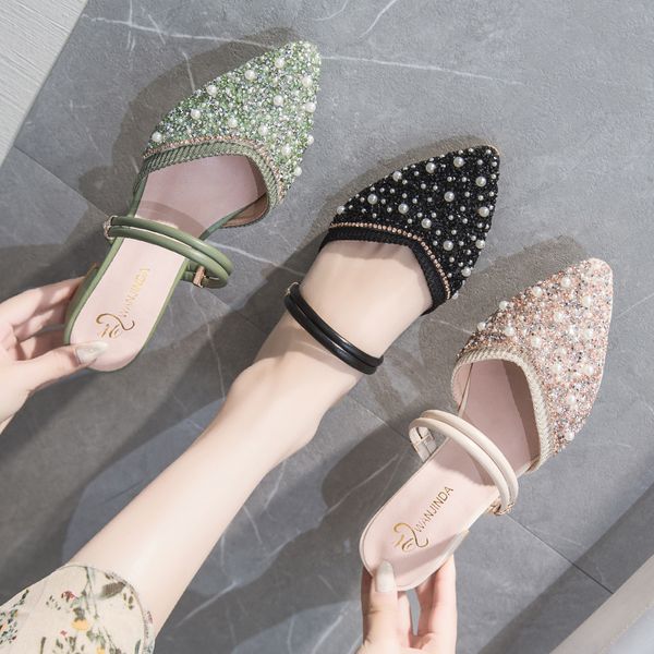 

pointed toe low square heel female shoes ladies' slippers slides soft block 2020 cover rubber basic bling hoof, Black