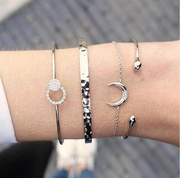 

bangle gold silver crystal 4pcs/set charm bracelets & bangles for women moon love metal chain boho jewelry pulseras 2021, Black