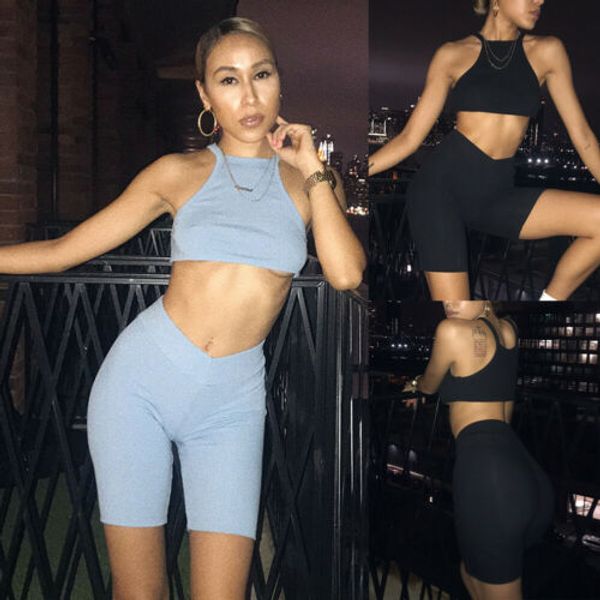 

2pcs women's crop high waist shorts pants bodycon running outfit sportswear tracksuit, Black;blue