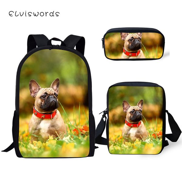 

elviswords fashion children backpack flower bulldogs pattern school book bags kawaii animal design 3pc/set students school bags